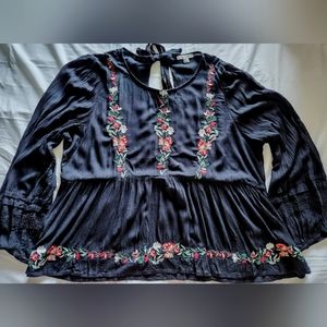 American Eagle Embroidered Long Sleeve Babydoll Blouse in Black